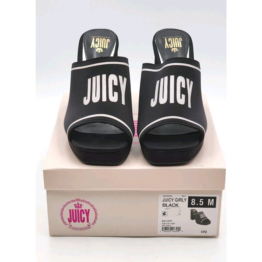 Juicy Couture Juicy Girly Womens Size 8.5 M Heeled Sandals Black White Logo - Picture 2 of 16